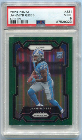 Jahmyr Gibbs 2023 Panini Prizm Green Prizm RC #331 PSA Graded 9