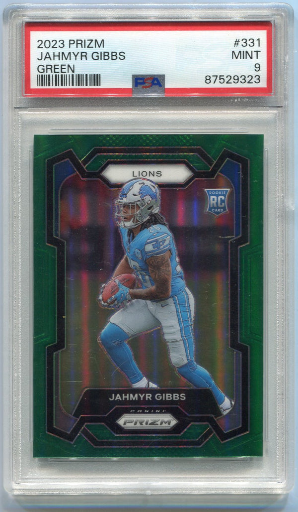 Jahmyr Gibbs 2023 Panini Prizm Green Prizm RC #331 PSA Graded 9