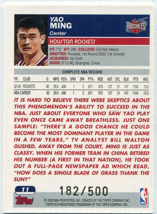 Yao Ming 2003 - 2004 Topps Black Parallel Card #11 182/500