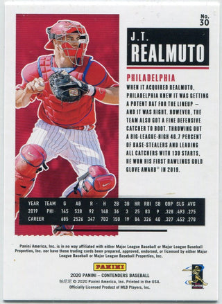 J.T. Realmuto 2020 Panini Contenders Draft Ticket Purple Parallel Card #30 23/99