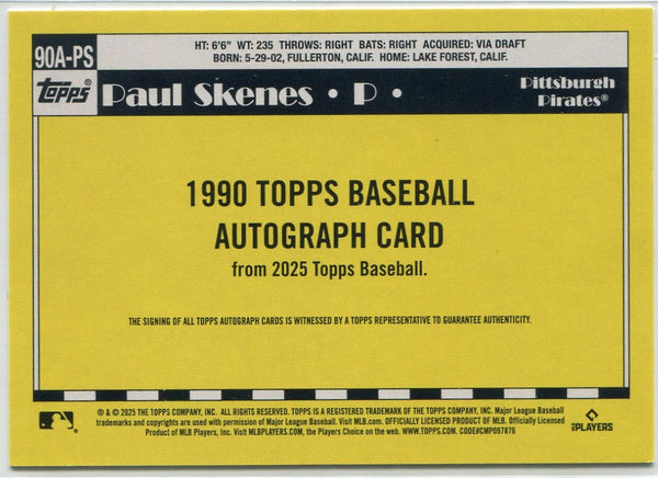 Paul Skenes 2025 Topps 1990 Throwback Autographed Card #90A-PS