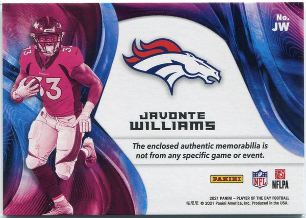 Javonte Williams 2021 Panini Player Of The Day Relic RC #JW 42/50