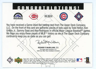 Todd Helton, Ken Griffey Jr, Sammy Sosa, and Alex Rodriguez 2002 Upper Deck Game Used Bat Card