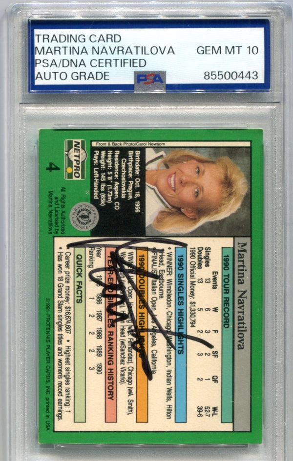 Martina Navratilova 1991 Tour Star  Autographed Card PSA AUTO GRADE GEM MT 10