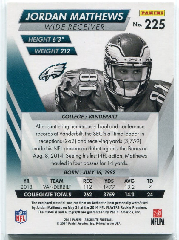 Jordan Matthews Autographed 2014 Panini Absolute Quad Relic RC 2/15