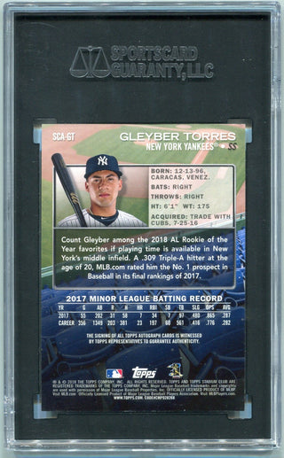 Gleyber Torres 2018 Topps Stadium Club Autographed RC #SCA-GT SGC Graded 9