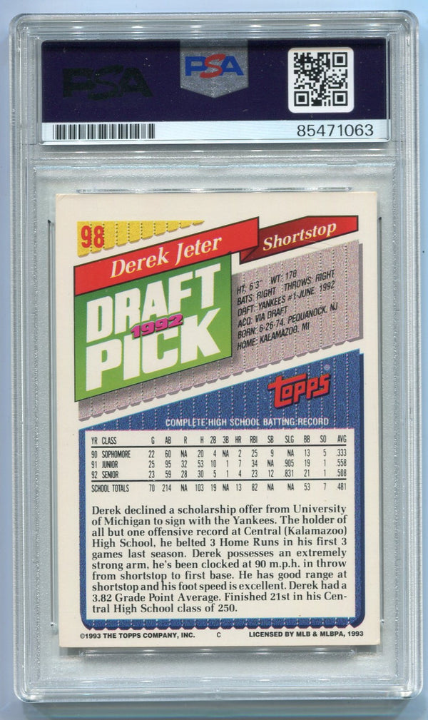 Derek Jeter 1993 Topps #98 PSA AUTO Auth Card