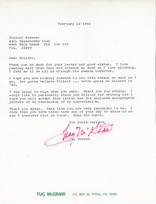 Tug McGraw Autographed Letter