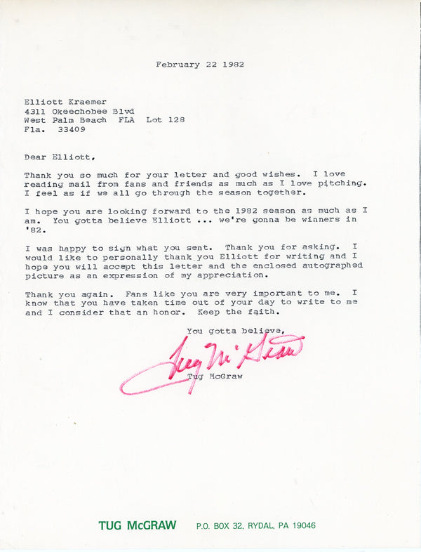 Tug McGraw Autographed Letter