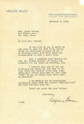 Virginia Bruce Autographed Letter
