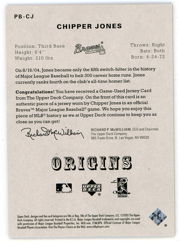 Chipper Jones 2005 Upper Deck Origins Patch Relic #PB-CJ
