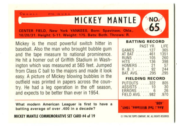 Mickey Mantle 1996 Topps #65 1954 Reprint Card