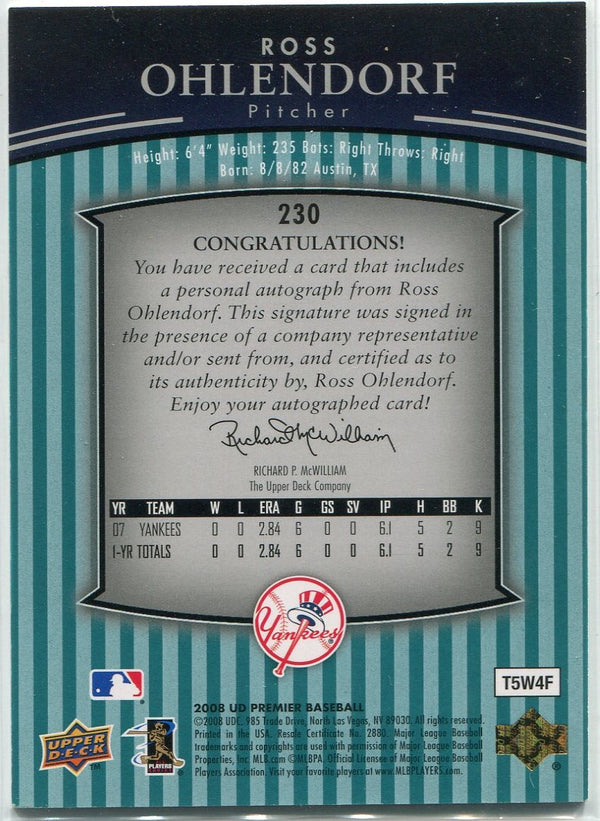 Ross Ohlendorf 2008 Upper Deck Premier Autographed RC #230 19/99