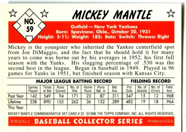 Mickey Mantle 1996 Commemorative Set #22 Reprint Card