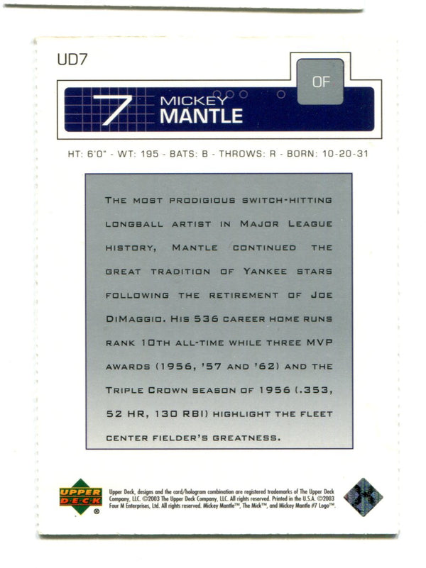 Mickey Mantle 2003 Topps #UD7 Card