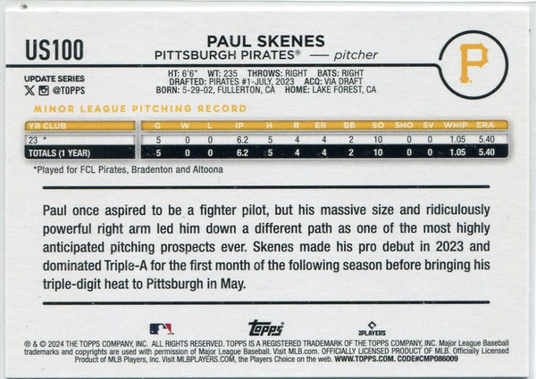 Paul Skenes 2024 Topps Update RC #US100