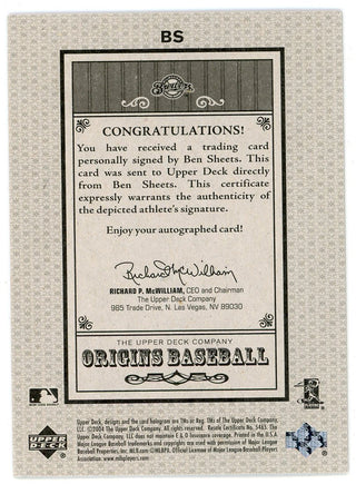 Ben Sheets Autographed 2005 Upper Deck Origins #BS