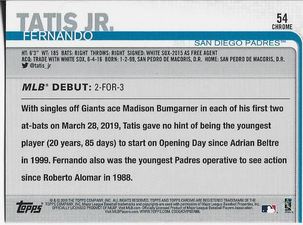 Fernando Tatis Jr 2018 Topps Chrome Rookie Card #54