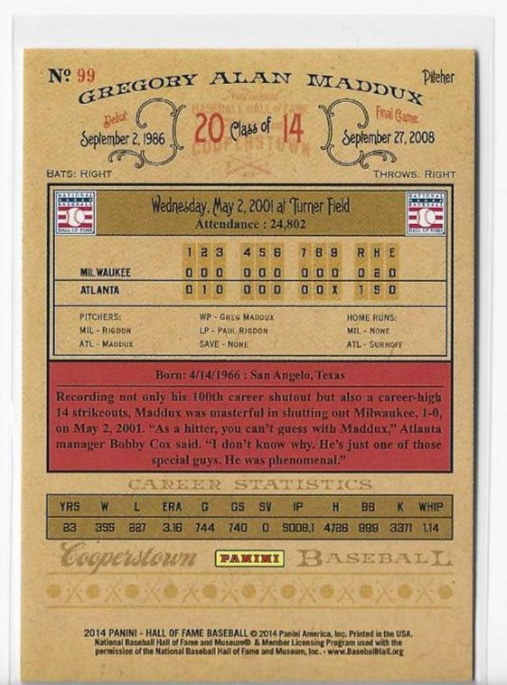Greg Maddux 2014 Panini #99 (75/75) Hall of Fame Card