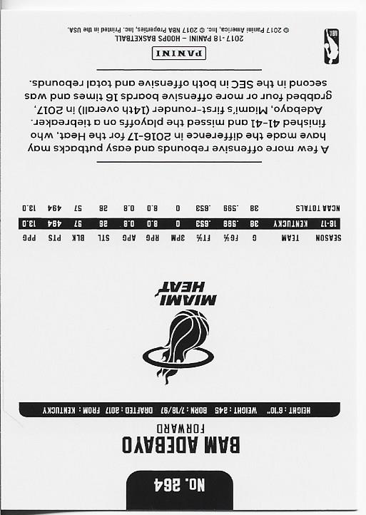 Bam Adebayo 2017 Panini NBA Hoops Card #264