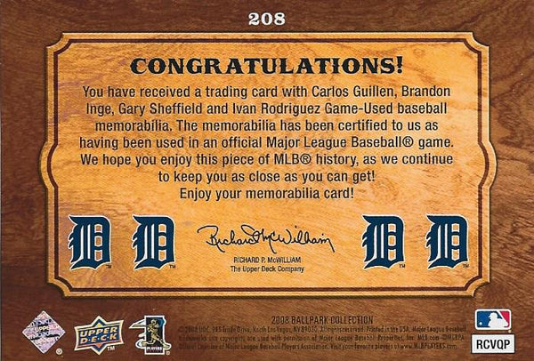Carlos Guillen / Brandon Inge / Gary Sheffield / Ivan Rodriguez 2008 Upper Deck Jersey Card