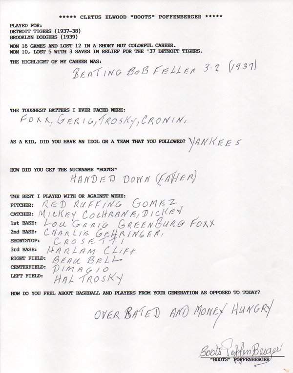 Boots Poffenberger Autographed Hand Filled Out Survey Page (JSA)