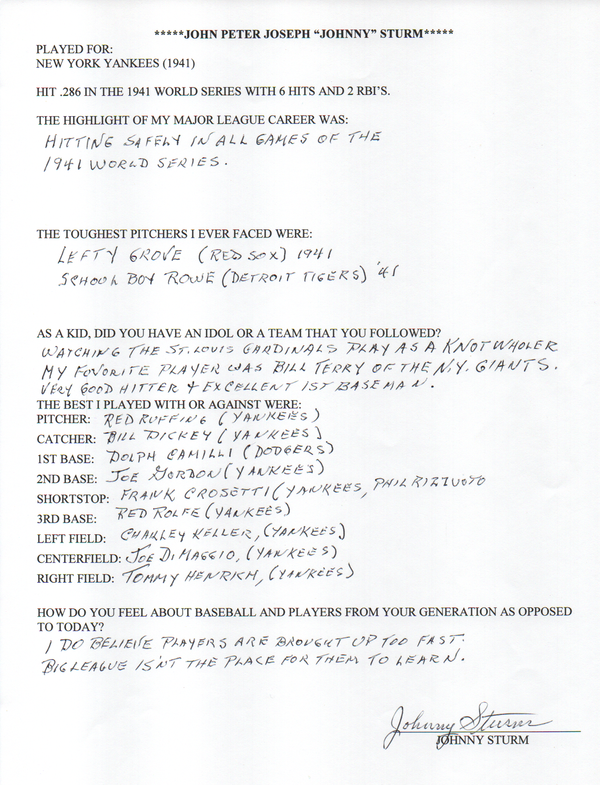Johnny Sturm Autographed Hand Filled Out Survey Page (JSA)