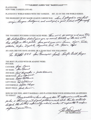 Gil McDougald Autographed Hand Filled Out Survey Page (JSA)