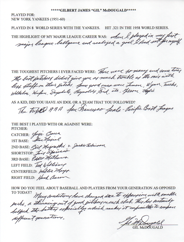 Gil McDougald Autographed Hand Filled Out Survey Page (JSA)