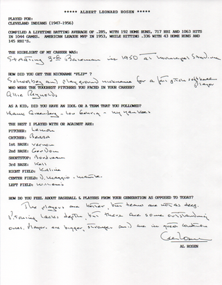 Al Rosen Autographed Hand Filled Out Survey Page (JSA)