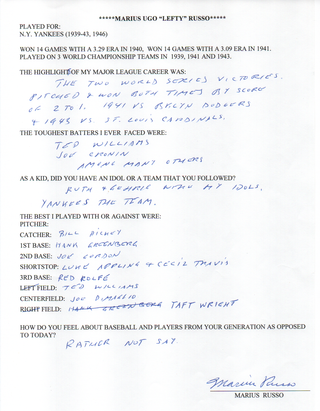 Marius Russo Autographed Hand Filled Out Survey Page (JSA)