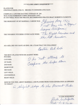 Clyde Sukeforth Autographed Hand Filled Out Survey Page (JSA)