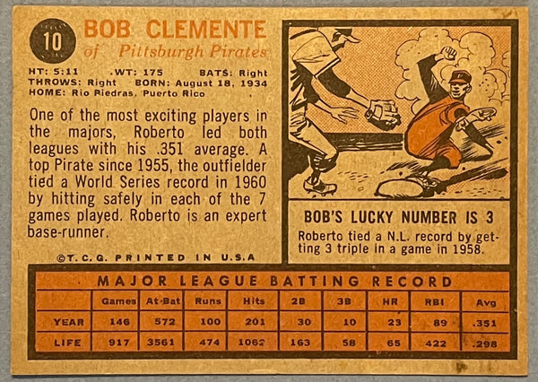 Bob Clemente 1962 Topps Baseball Card #10