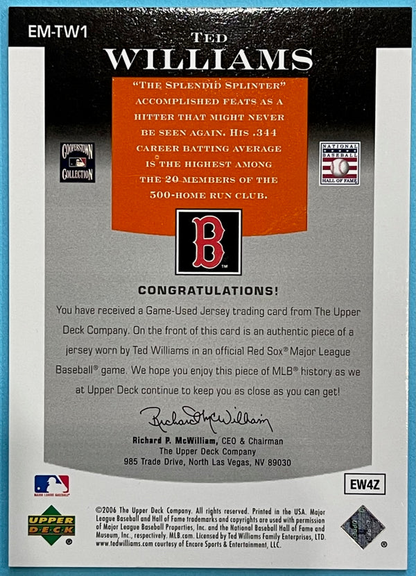 Ted Williams 2006 Upper Deck Epic Material Game Used Jersey Card