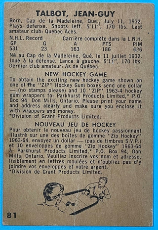 Jean Guy Talbot 1963-64 Parkhurst Hockey Card # 81