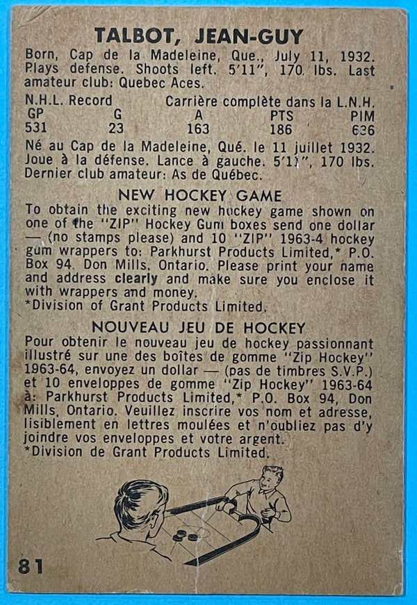 Jean Guy Talbot 1963-64 Parkhurst Hockey Card # 81