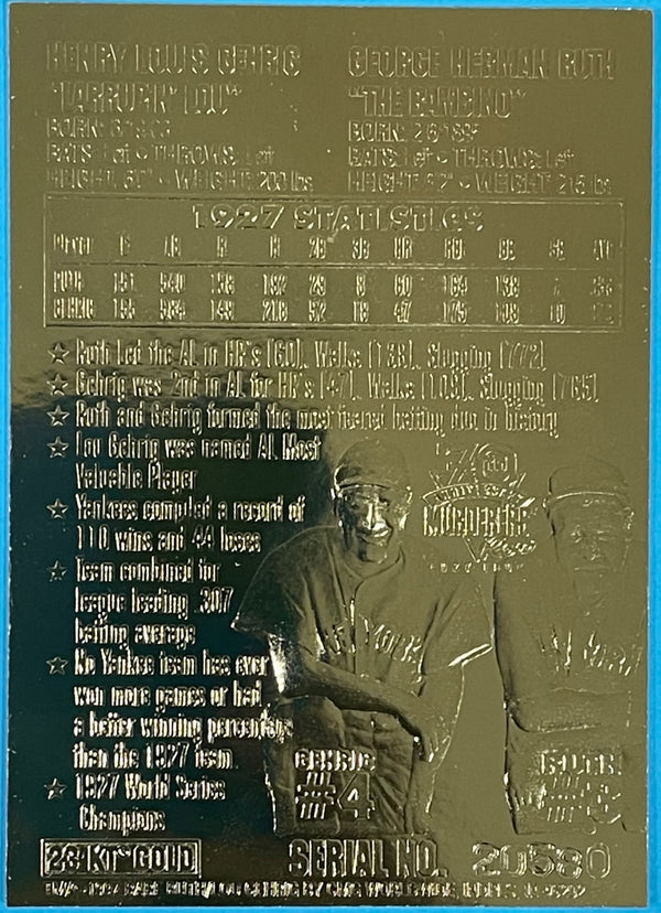 Babe Ruth & Lou Gehrig 1997 Bleachers Card 23KT Gold Card