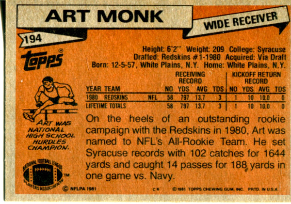 Art Monk 1981 Topps Rookie Card