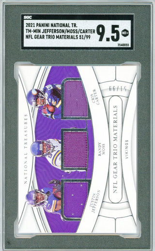 Justin Jefferson, Randy Moss & Cris Carter 2021 Panini National Treasures NFL Gear Trio Materials Card #TM-MIN (SGC)