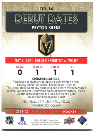 Peyton Krebs Upper Deck Jersey Card Debut Dates