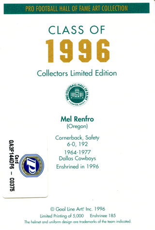 Mel Renfro "HOF 96" Autographed 1996 Goal Line Art Card