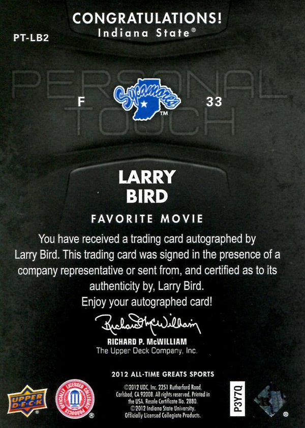Larry Bird 2012 Upper Deck All-Time Greats Autographed Card #3/5