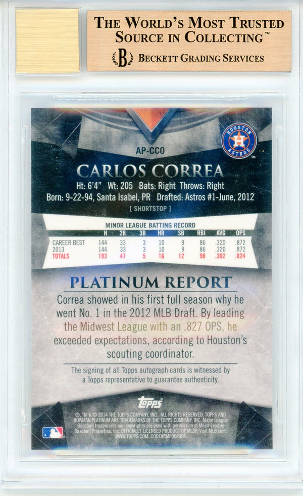 Carlos Correa Autographed 2014 Bowman Platinum Prospect Atomic Refractors Card #APCCO (BGS 9.5/10)