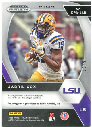 Jabril Cox Panini Prizm Draft Picks Auto Rookie 16/25