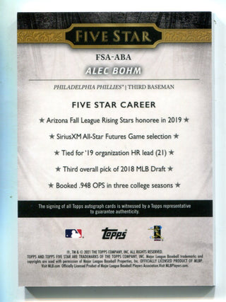 Alec Bohm 2021 Topps Five Star #FSAABA Autographed RC