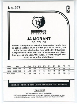 Ja Morant 2019-20 Panini Hoops Blue Tribute Rookie Card #297
