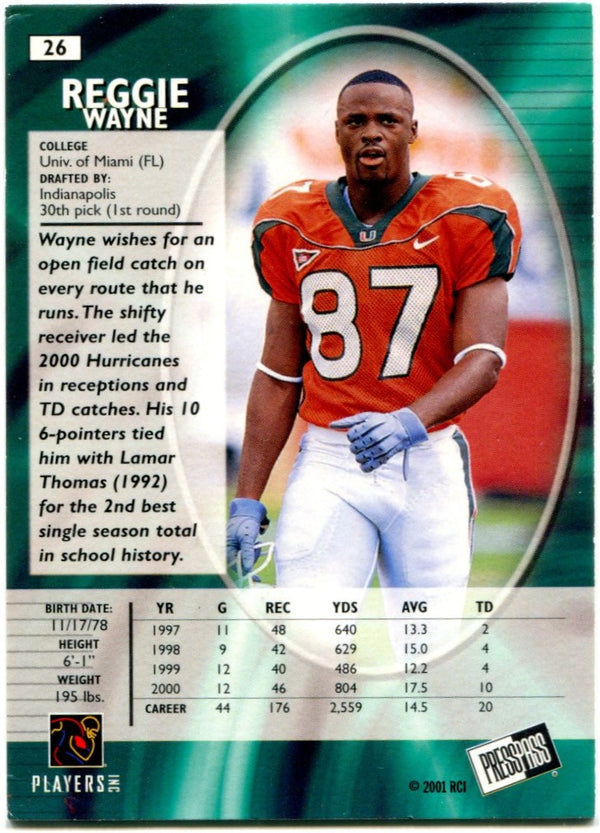 Reggie Wayne Press Pass 2001 Miami Hurricanes #26