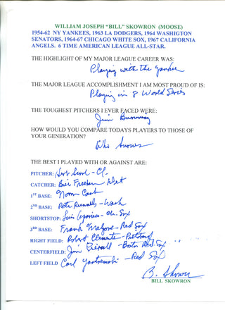 Bill "Moose" Skowron Autographed Hand Filled Out Survey Page