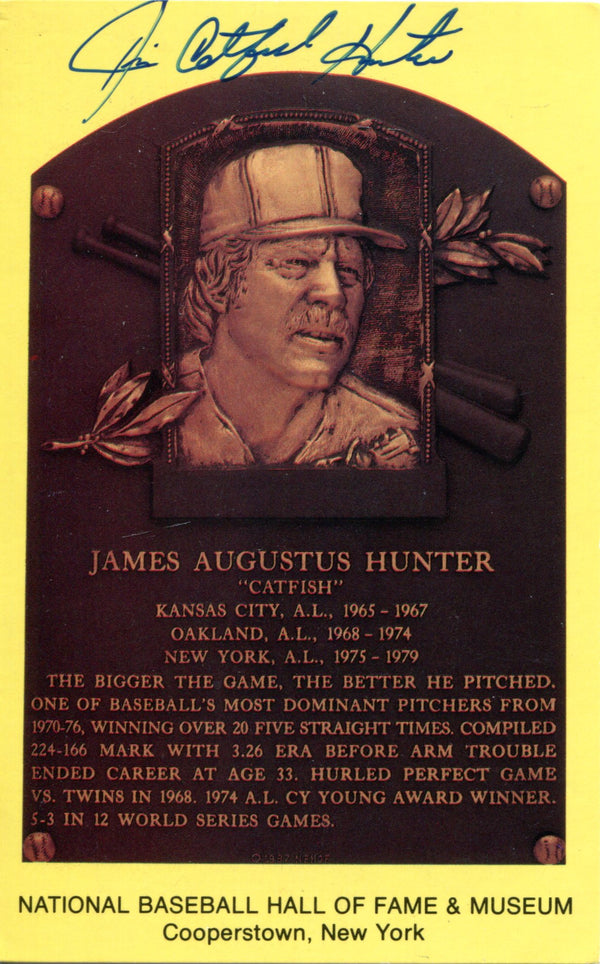 Jim Catfish Hunter Autographed Hall of Plaque Card (JSA)