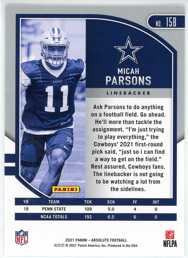 Micah Parsons 2021 Panini Absolute Rookie Card #158